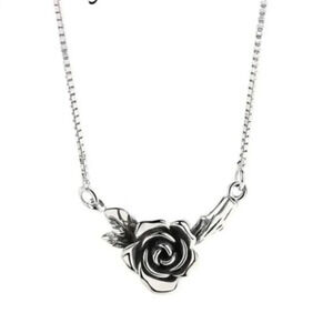 925 Sterling Silver Rose Necklace, Vintage Rose Pendant Box Chain Necklace